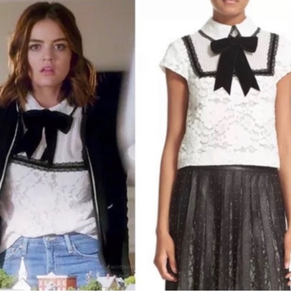 Alice + Olivia Vanetta White Lace Top w/ Black Bow Size 2